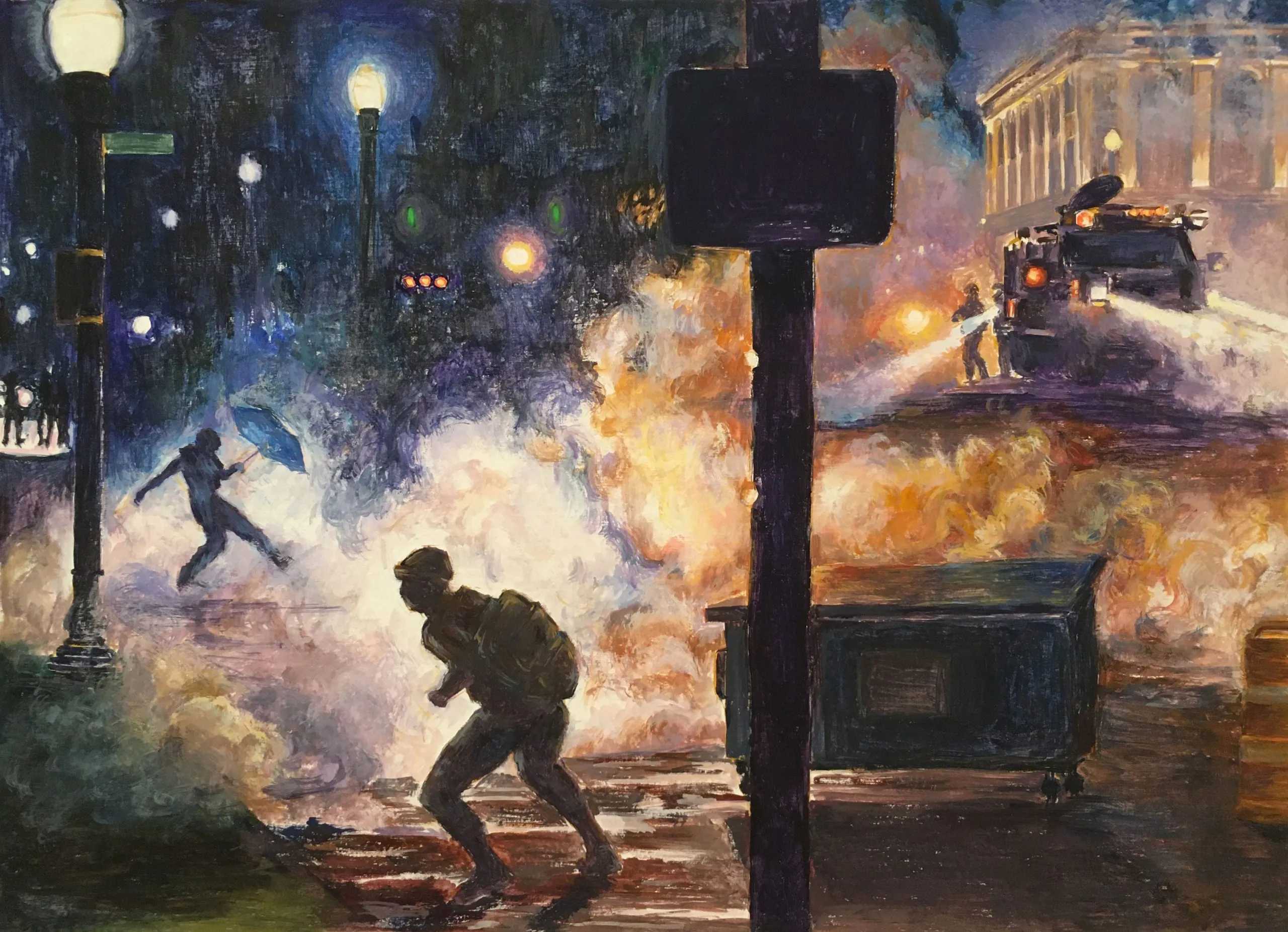 Searchlights on protestors at night — art by Emily Barnett